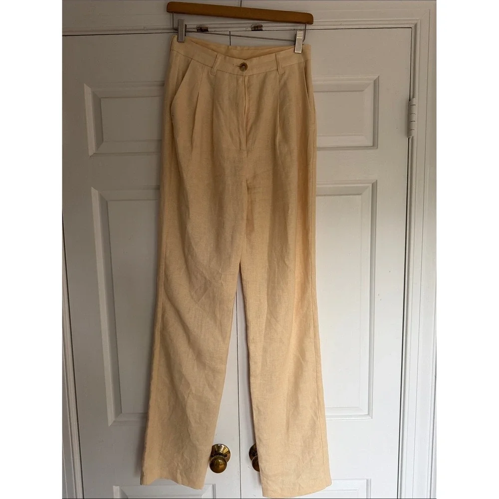 Anine Bing Pale Yellow Pleated 100% Linen Straight Leg Trousers Size 34 EU‎ US 2